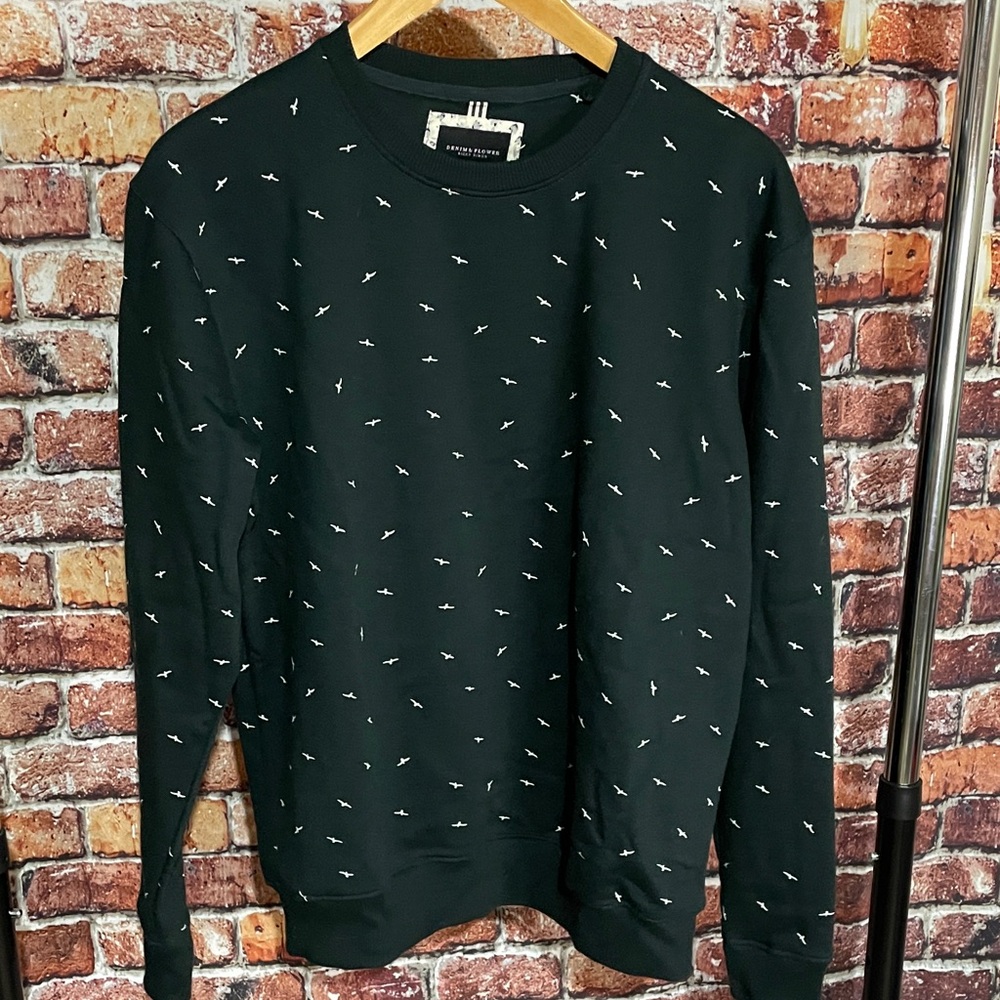 Denim & Flower Black Crewneck Sweatershirt birds seagulls medium men’s